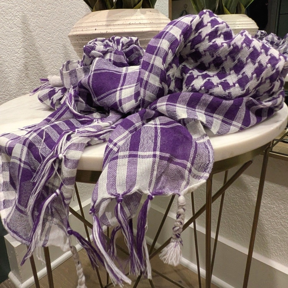 Unbranded Purple Plaid Houndstooth Scarf Purple White Tassel Fringe Boho